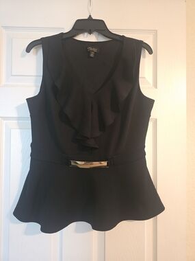 Thalia Sodi Black Ruffle Peplum Shell with Gold-Tone Buckle